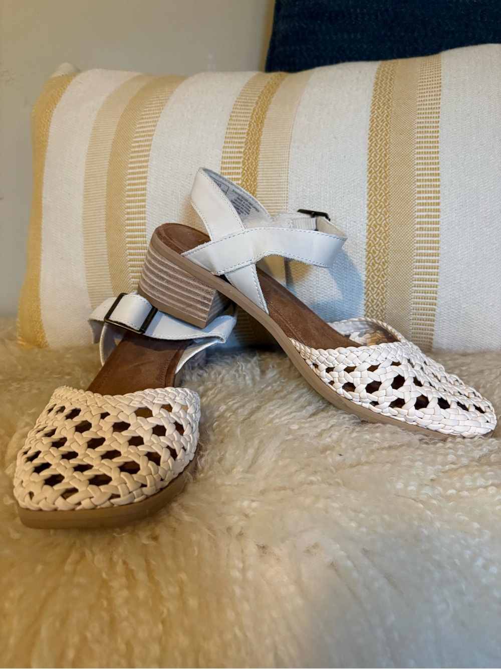 TOMS Woven White Low Block Heel Sandals - Women